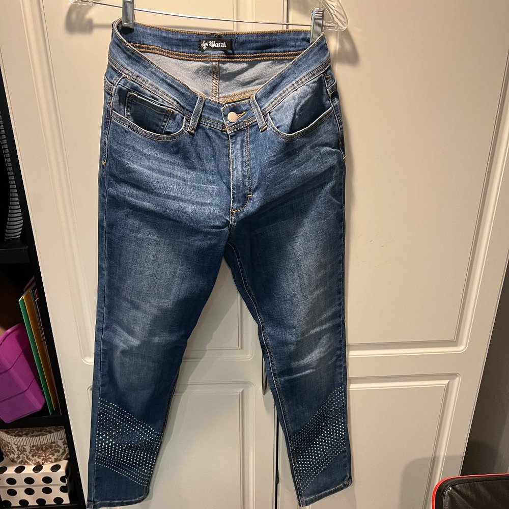Women's Vocal Distressed Blue Jeans Size Large with rhinestones